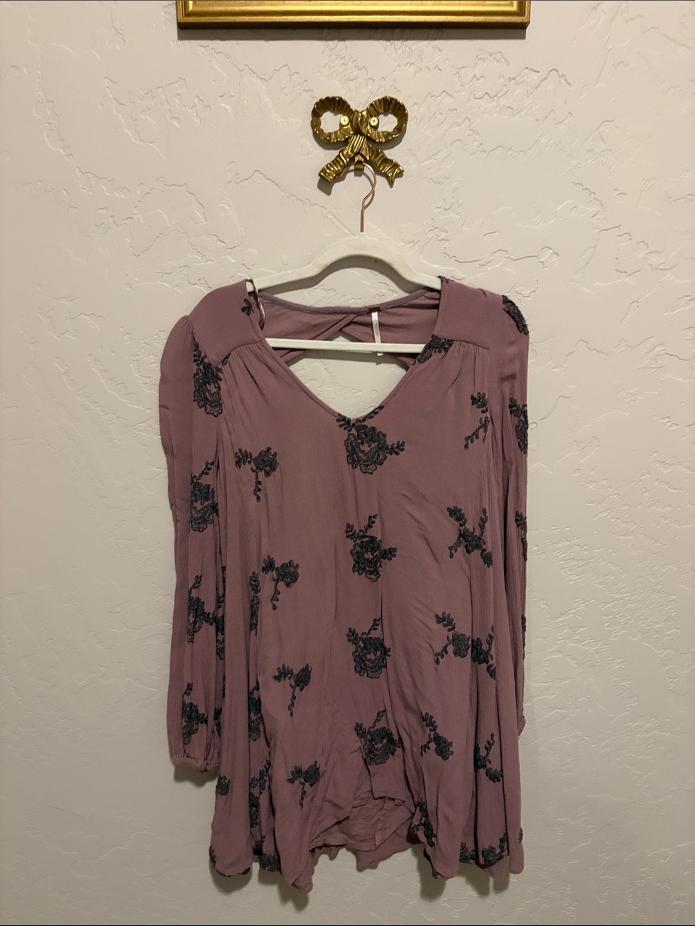 Free People Mauve Floral V-Neck Long Sleeve Tunic Dress